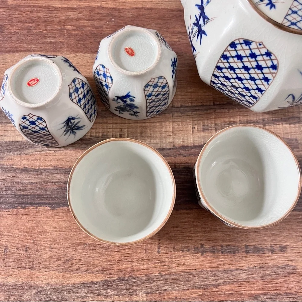 Vintage Otagiri Ceramic Japanese Teapot With 4 Cups Rattan Handle White Blue
